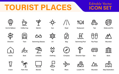 Tourist Destinations Icon Collection – Vector, Line Art, and Minimal Outline Illustrations for Famous Landmarks, Attractions, and Vacation Travel Designs