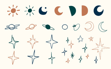 手書きの月や太陽・天体のイラストセット(モノクロ)