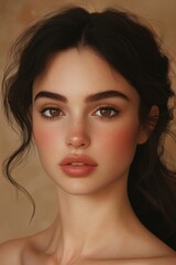 Naklejka premium Young woman with natural makeup and soft light on face, warm portrait with brown background and beauty