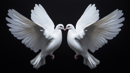 Obraz premium Two white doves facing each other with open wings on dark background, symbol of peace, love and unity