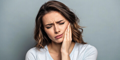 Young woman in pain holding her cheek, suffering from a toothache—ideal for dental ads, healthcare, or medical-related visuals.