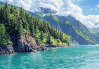 turquoise water lake bordered by rocky cliffs and dense green pine forests with towering snow-capped mountains under a bright cloudy sky