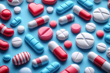 Colorful pills scattered on blue background, healthcare concept