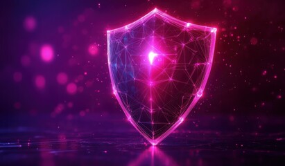 Glowing digital shield composed of interconnected lines and nodes emitting bright purple and pink light against dark blurred background, symbolizing protection and security