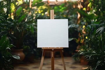 Blank white canvas on a wooden easel surrounded by lush green plants in a softly lit indoor garden environment evoking calm and creativity