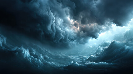 Obraz premium Dramatic Seascape View from Cliff During Storm with Huge Waves and Dark Clouds Beneath a Tumultuous Sky