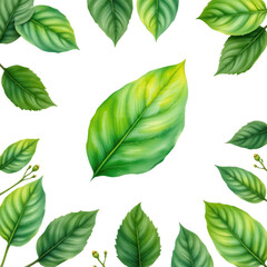 Green leaves arranged artistically on a black background, creating a fresh and vibrant botanical pattern.