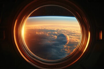 View of a glowing sunrise over a planet's horizon and its moon through a circular spacecraft window, with stars visible in space beyond