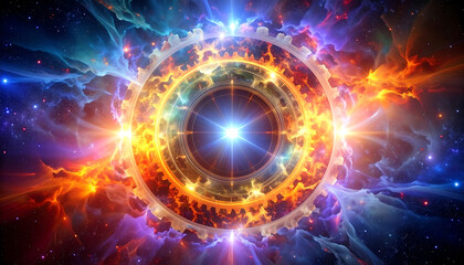 Obraz premium A giant cosmic gear with a star center amidst a vibrant space nebula.