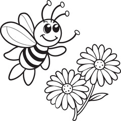 Happy bee flying over daisies coloring page in line art 