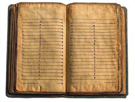 Open old ledger book with yellowed pages showing hand-drawn columns and rows with numbers and plus signs, evoking a sense of history and record-keeping