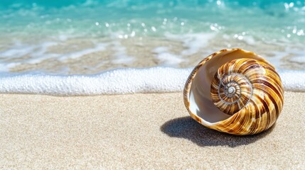 Obraz premium Seashell on Sandy Beach Ocean Wave Summer Nature sun blue calm coast shore water brown beige white