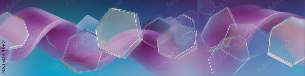Poster abstract design with translucent hexagons and flowing colors.