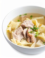 Wonton soup with pork filling isolated on white background with clipping path for Chinese comfort food or home-style concept
