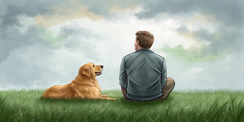 Heartwarming illustration of a man and his golden retriever sitting in a meadow, ideal for friendship, pets, and lifestyle content.
