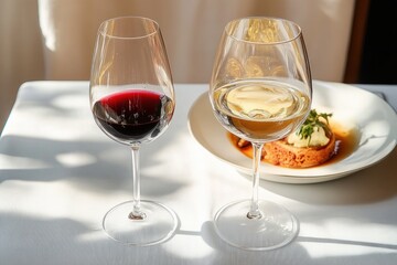 Naklejka premium Two wine glasses filled with red and white wine on a white tablecloth with a gourmet dish in the background under soft natural light