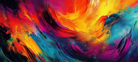 Vibrant abstract painting with dynamic brush strokes blending fiery reds, oranges, yellows, with cool blues, purples, and blacks creating a sense of energetic movement