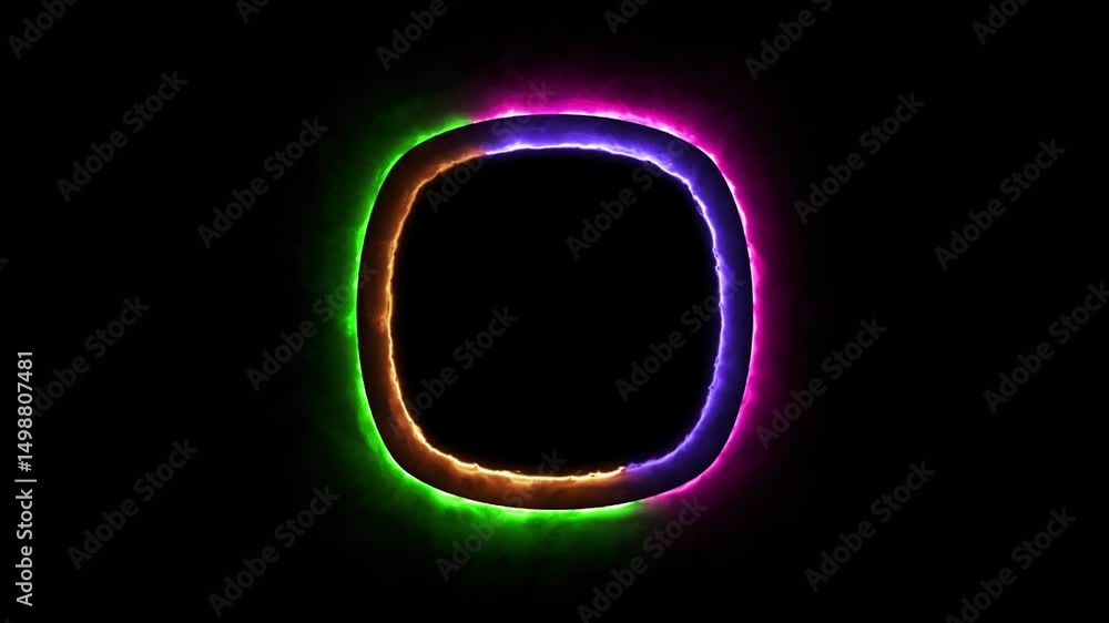 Poster bright colorful double neon pulsating effects layer frame in rounded square on black background anim