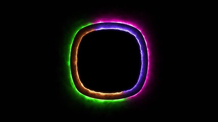 Bright colorful double neon pulsating effects layer frame in rounded square on black background animation