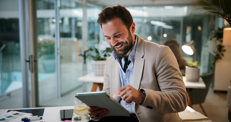 Office, businessman and scroll with tablet for reading, news information and blog post at night....