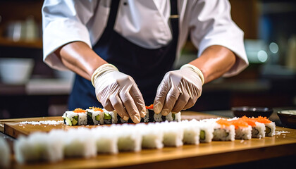 Chef's gloved hands carefully topping rows of fresh sushi rolls with bright orange roe on a wooden board in a kitchen.