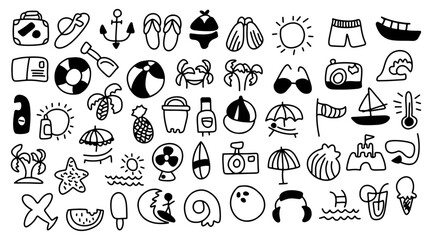 Beach Doodles. Summer Hand Drawn Vector Doodle Line Icon Set. Summer and Beach Related Doodle Illustration