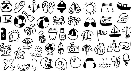 Beach Doodles. Summer Hand Drawn Vector Doodle Line Icon Set. Summer and Beach Related Doodle Illustration