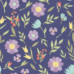 Seamless Pastel Floral Pattern on Navy Background