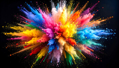 Colorful powder explosion on black background, vibrant dust particles scattering outward.