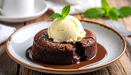 Decadent chocolate lava cake with melting center, topped with vanilla ice cream and mint on rustic wood table.