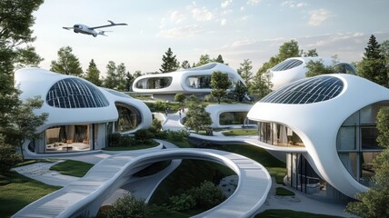 Retrofuturistic eco-city vision with dome houses and flying electric vehicles Generative AI