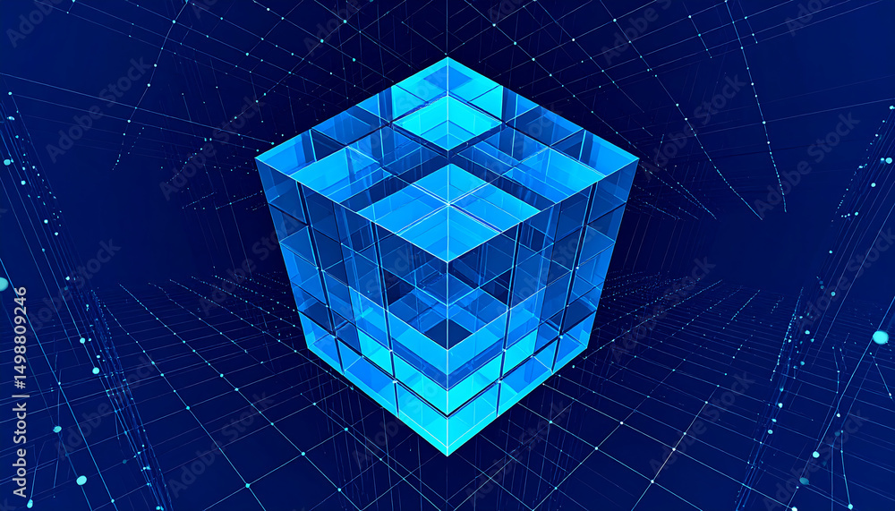 Poster glowing blue transparent cube in a digital grid. futuristic data storage or technology concept.