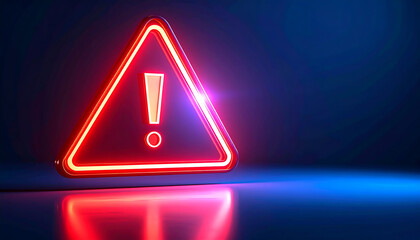 Glowing neon red warning sign with exclamation mark on dark reflective surface with blue and purple light. Abstract digital alert.