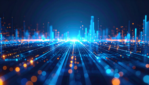 Glowing blue and orange lights create an abstract digital landscape, representing data flow or futuristic city connections.