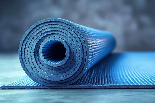 Close-up of a rolled blue textured yoga mat partially unrolled on a smooth surface with a blurred background