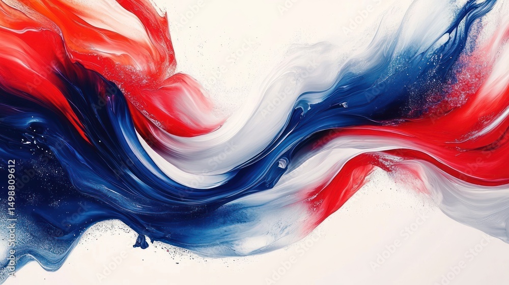 Poster dynamic abstract flow of red, blue, and white swirling colors creating a sense of movement and energ