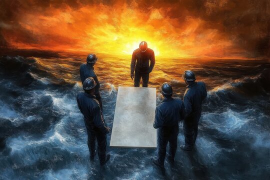 Group of five workers wearing helmets standing around a rectangular table in turbulent water with a dramatic fiery orange and yellow sky at sunset or sunrise, evoking determination and focus