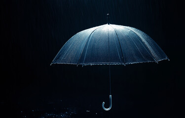 Photo of a clear umbrella in the rain, with droplets falling on it.