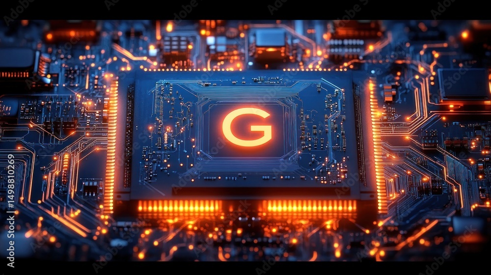 Poster close-up view of a glowing microchip with the letter g at the center surrounded by intricate circuit