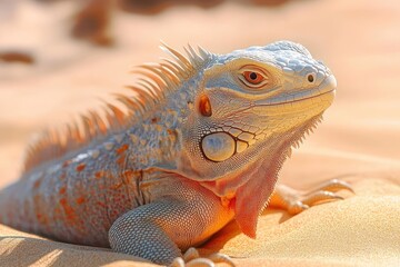 Fototapeta premium Close-up of a calm iguana resting on golden sand with detailed scales, spikes along its back, and vivid orange eyes under warm sunlight