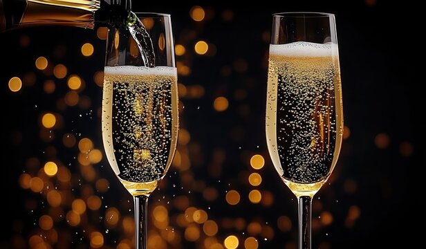 Close-up of sparkling champagne being poured into two elegant fluted glasses with golden bokeh lights in the dark background creating a festive and celebratory mood