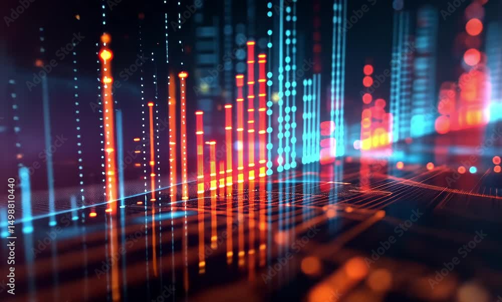Poster exploring digital landscapes with vibrant data visualizations and trends in technology
