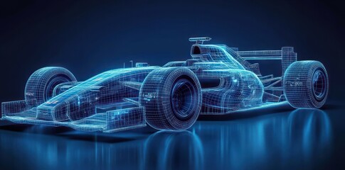 Digital blue wireframe model of a modern race car on a reflective surface showcasing detailed aerodynamic design and high-performance tires against a dark background