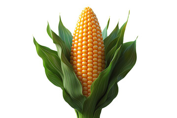 Obraz premium Corn cob with green leaves, isolated on white transparent background, concept of agriculture and healthy food.