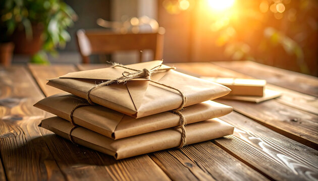 Stack of brown paper envelopes tied with twine on a wooden table, bathed in warm sunlight.
