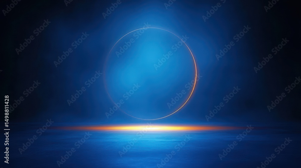 Poster glowing circular ring with blue misty background and warm light reflection on shiny floor creating m
