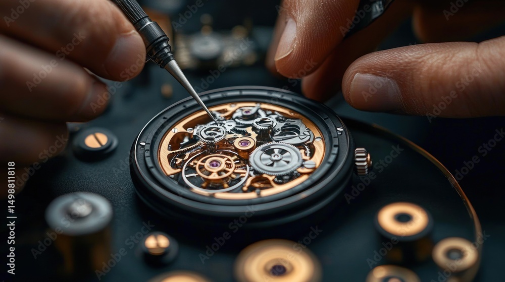 Aufkleber close-up view of hands assembling intricate mechanical watch gears with fine tools on a dark workspa