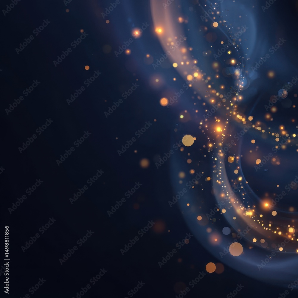 Poster abstract design with glowing particles and dark background.