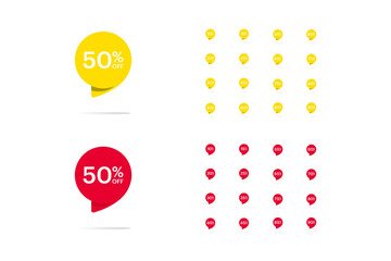 50% off, discount offer, bubble shapes in red and yellow with various discount settings. 10%, 15%, 20%, 25%, 30%, 35%, 40%, 45%, 55%, 60%, 65%, 70%, 75%, 80%, 85%, and 90% price tags in eps 10.