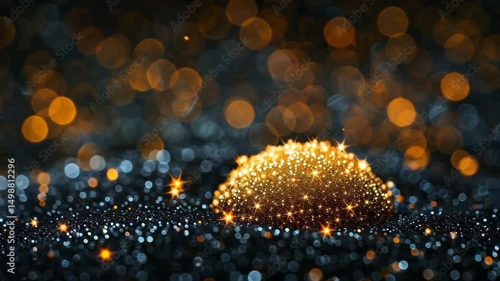Poster sparkling golden orb glows against a dark background with shimmering bokeh lights in a captivating m